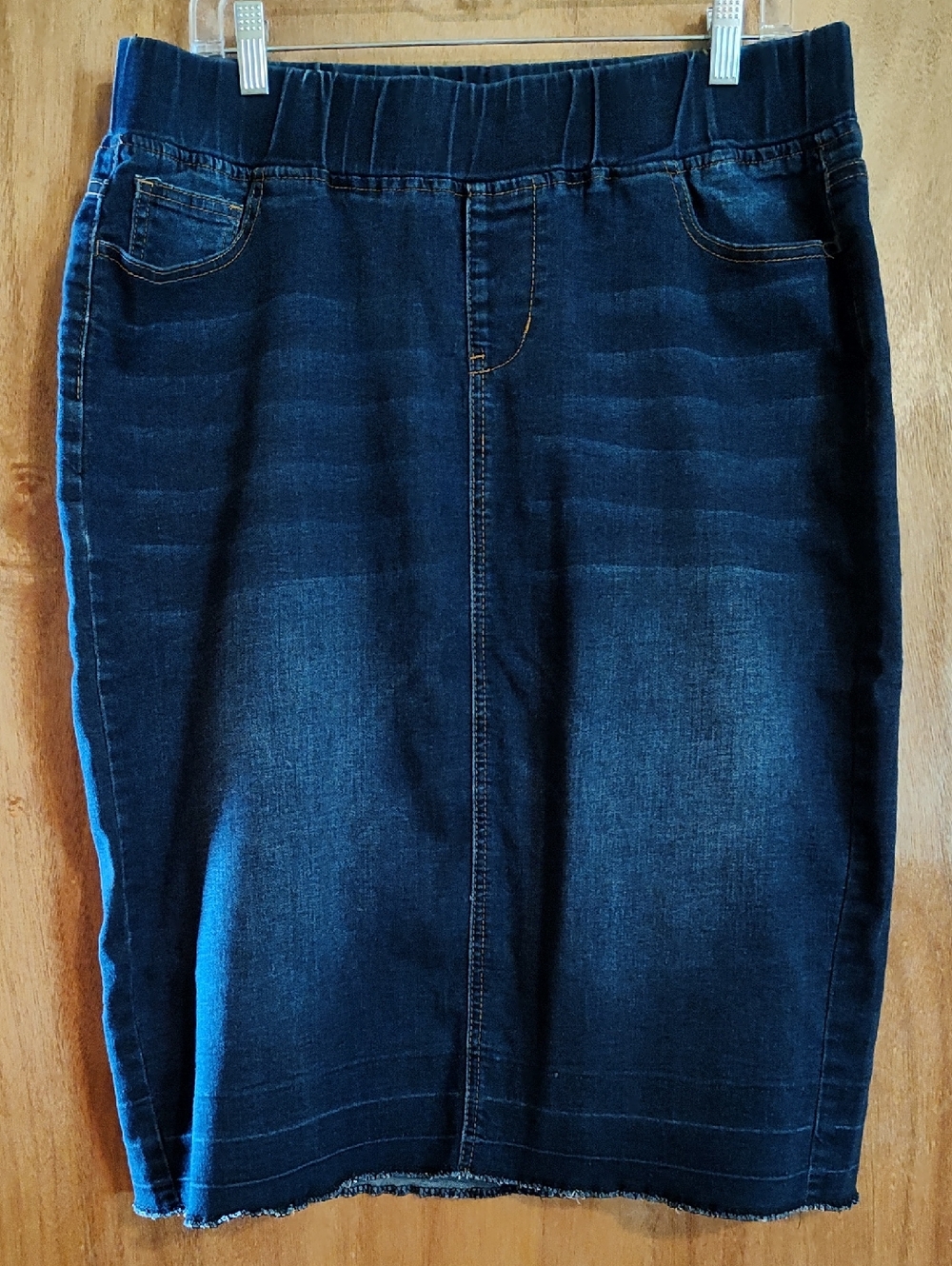 Be-Girl Stretch Denim Skirt Dark Blue Jean Whiskered Faded Elastic Waist Size XL